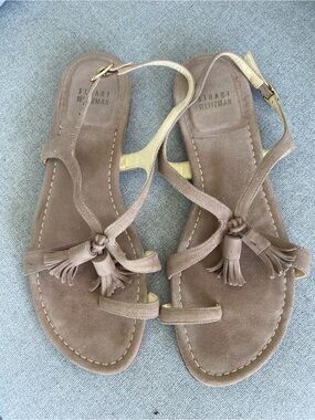 Stuart Weitzman Taupe Suede Tassel Strap Sandals